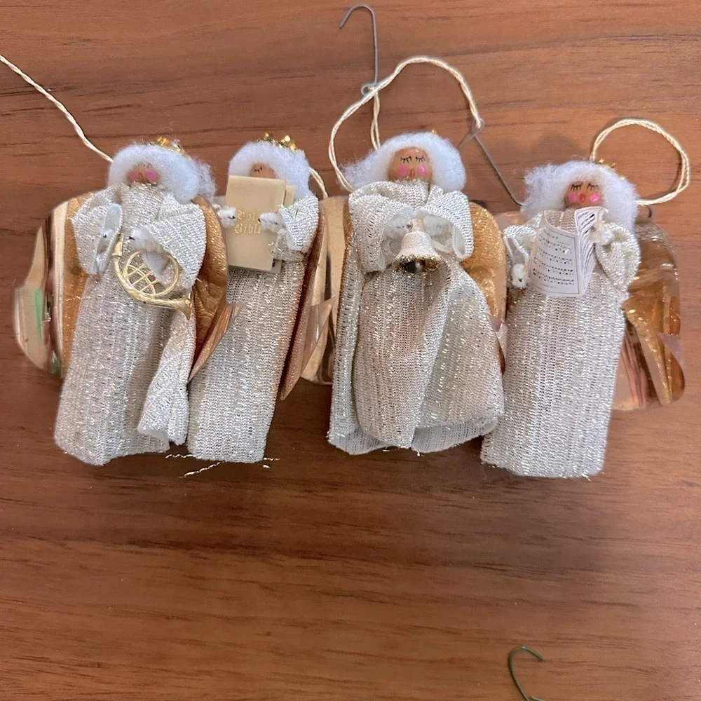 Vintage Christmas ornaments 4 Handmade angels gold songbook bible bell & trumpet